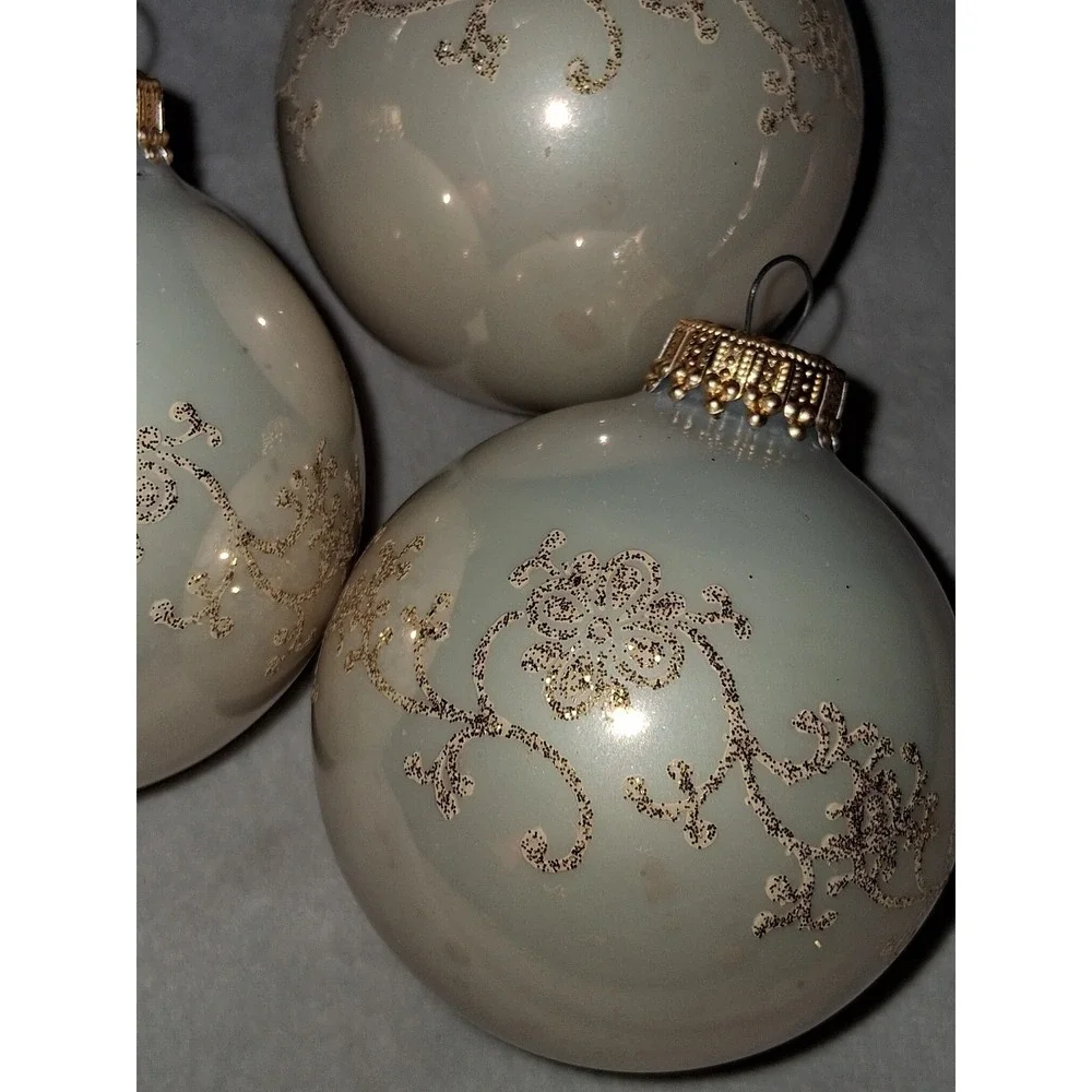 Vintage Krebs Glass Christmas Ornaments Set of 3 Ivory Rose Floral Gold